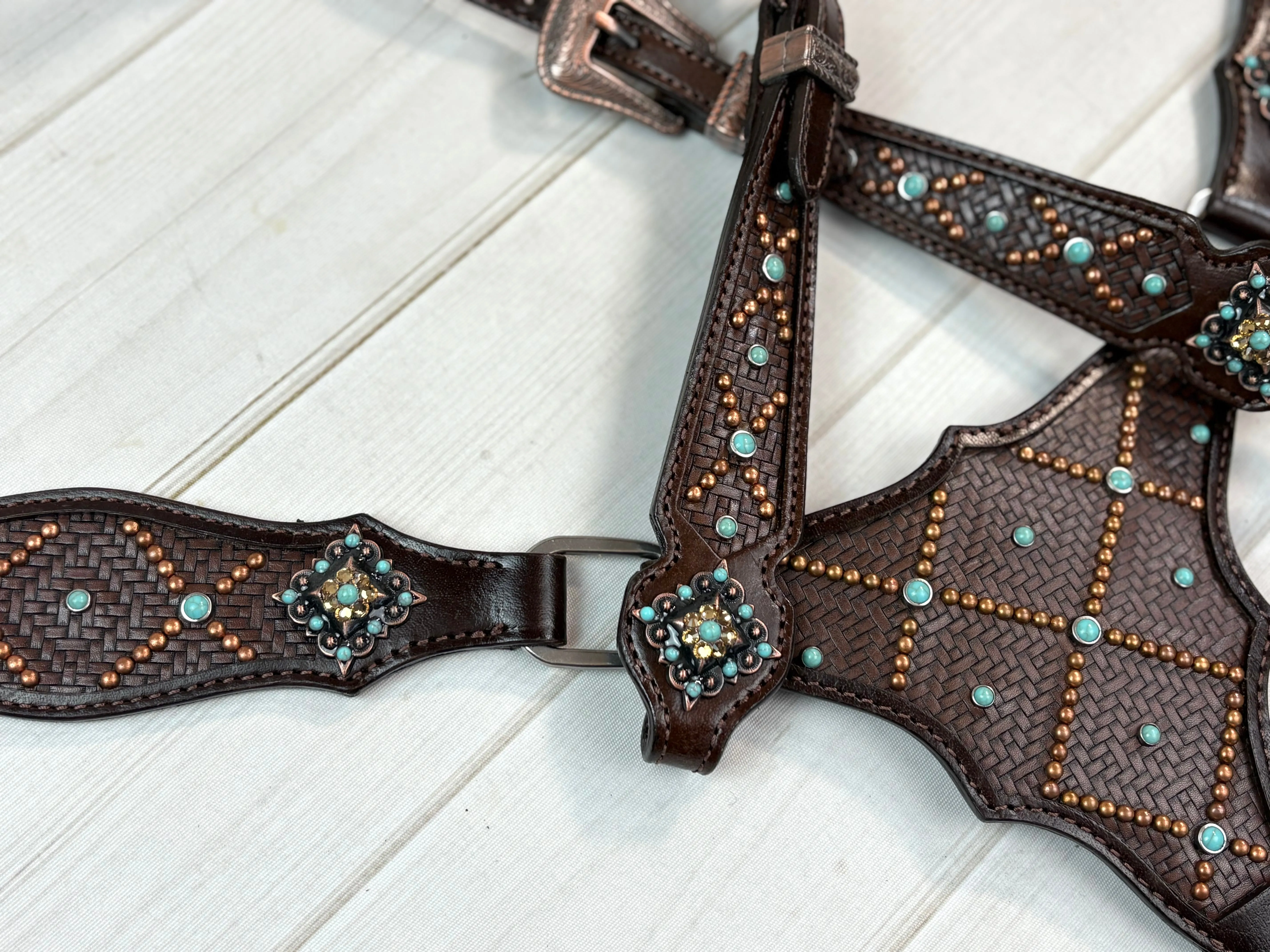 Dark Brown Basket Weave Tooled Gladiator Style Leather Tack Set