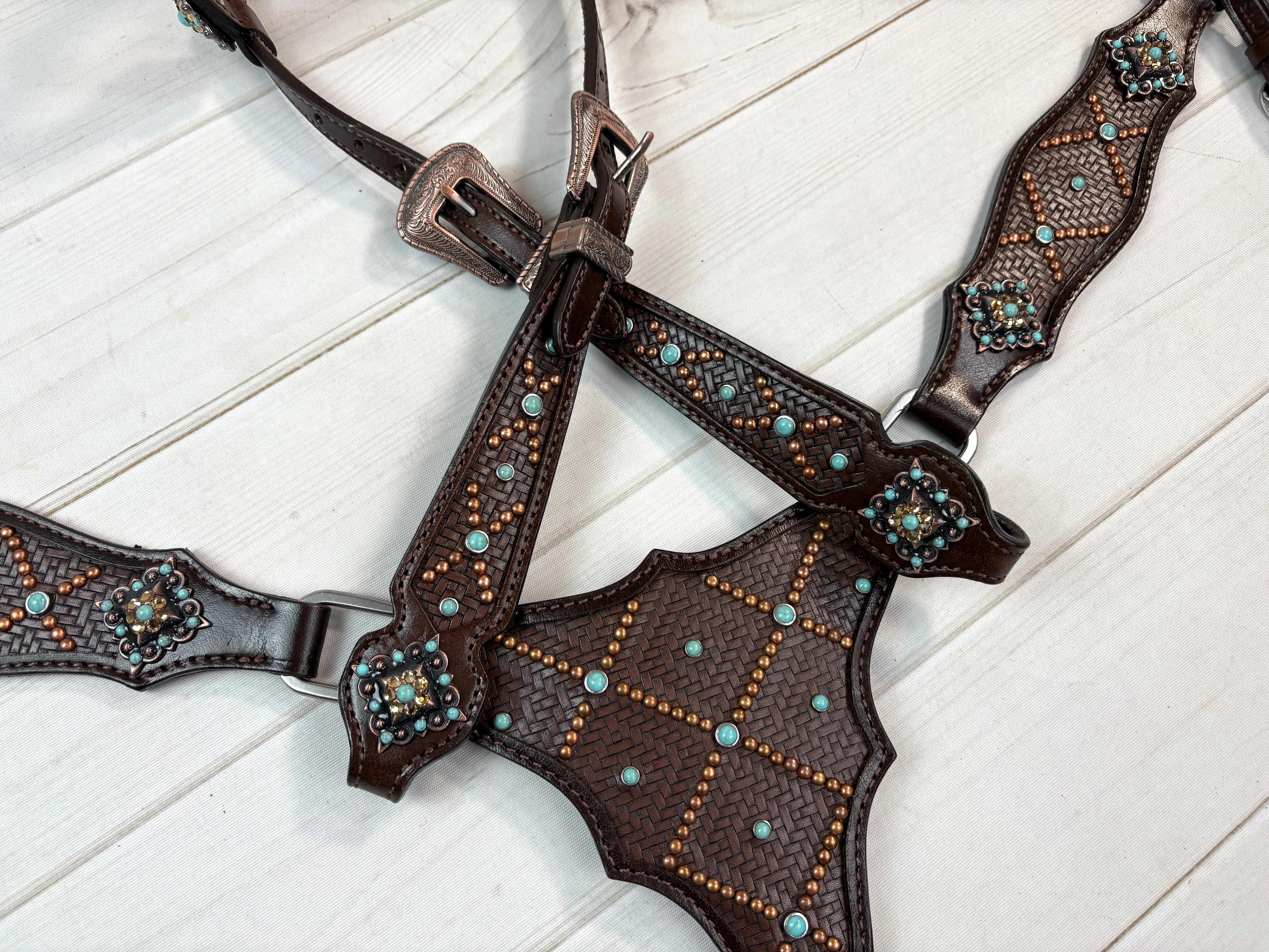Dark Brown Basket Weave Tooled Gladiator Style Leather Tack Set