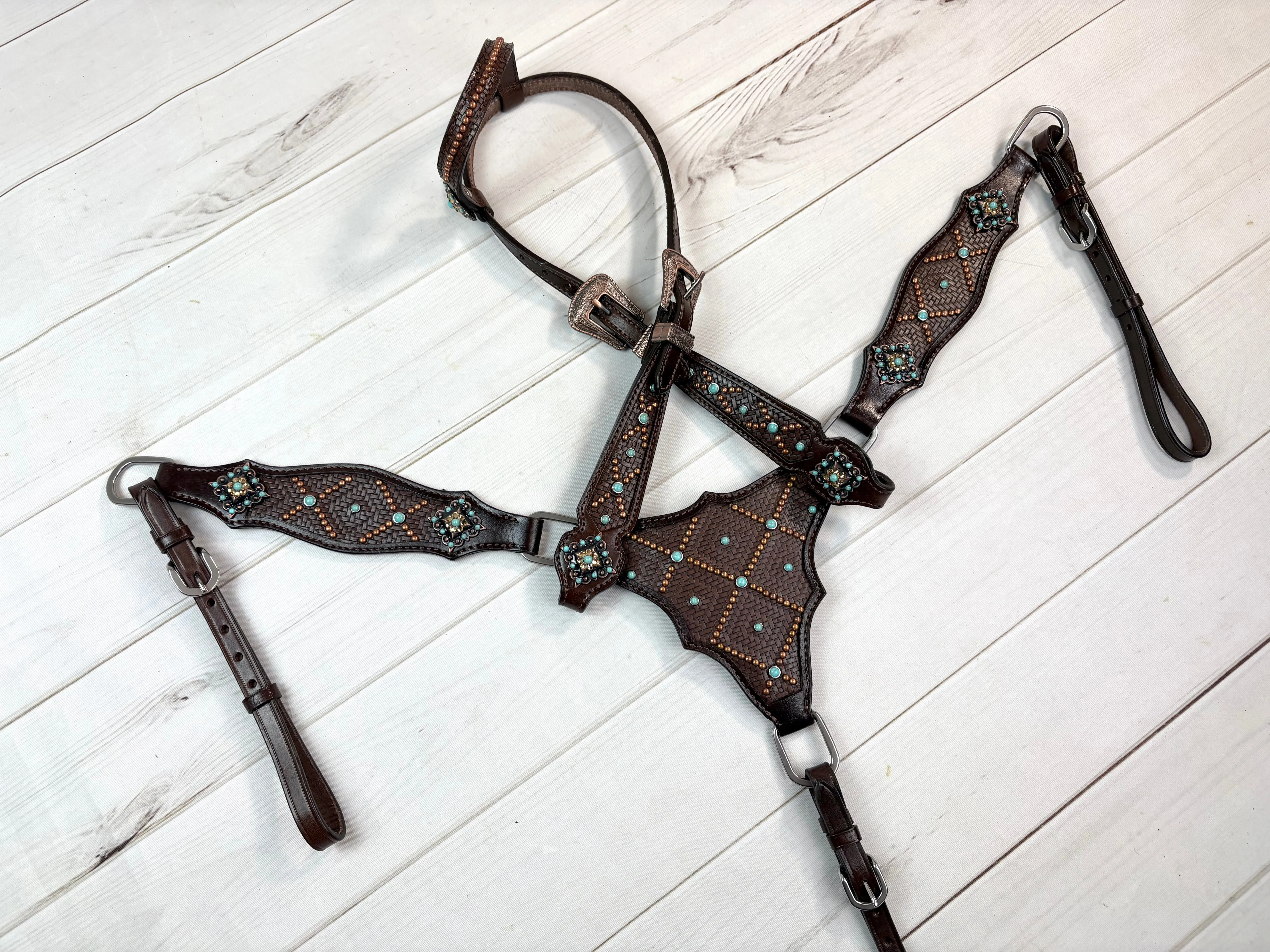 Dark Brown Basket Weave Tooled Gladiator Style Leather Tack Set