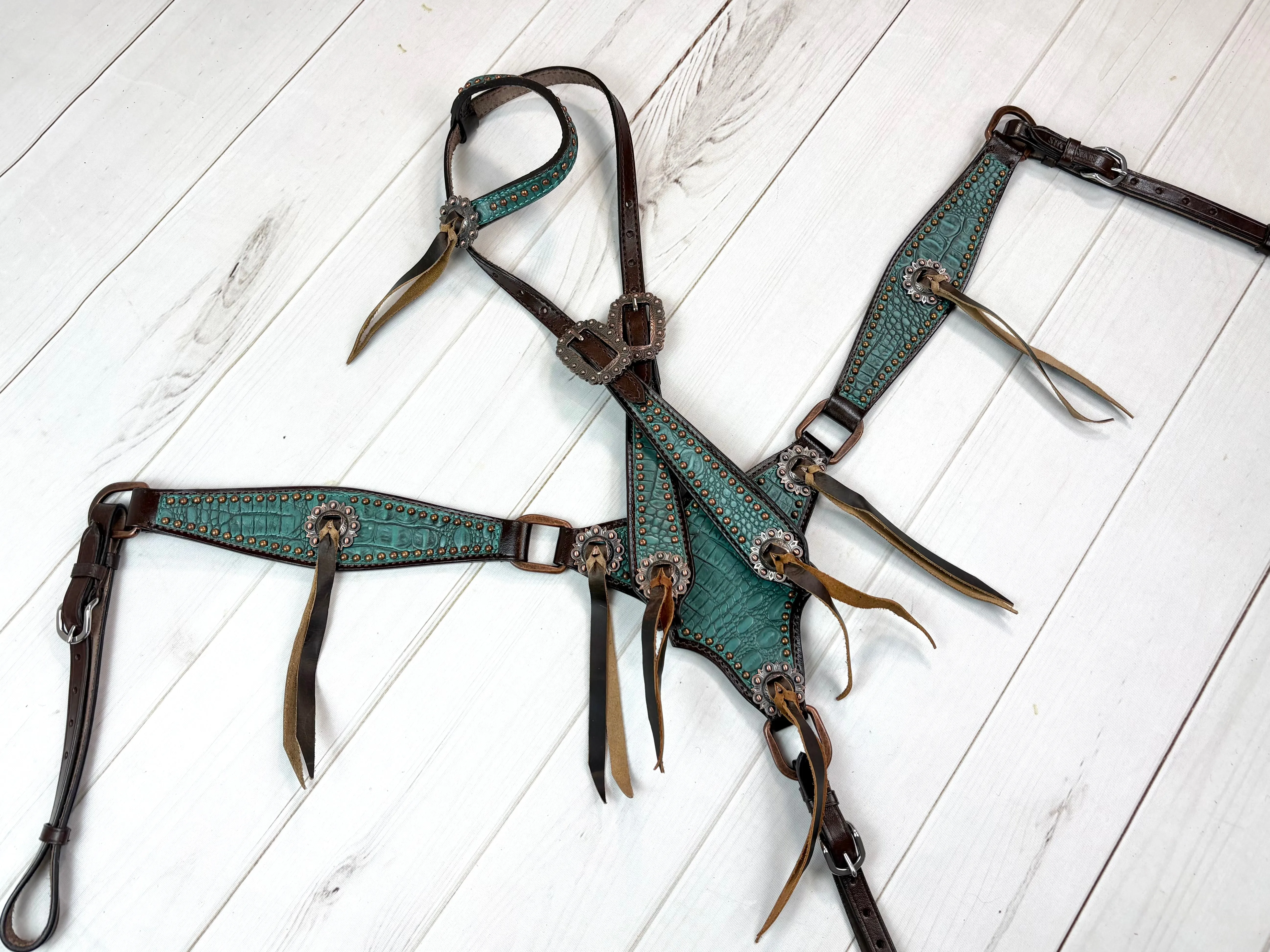 Dark Teal Gator Gladiator Style Leather Tack Set