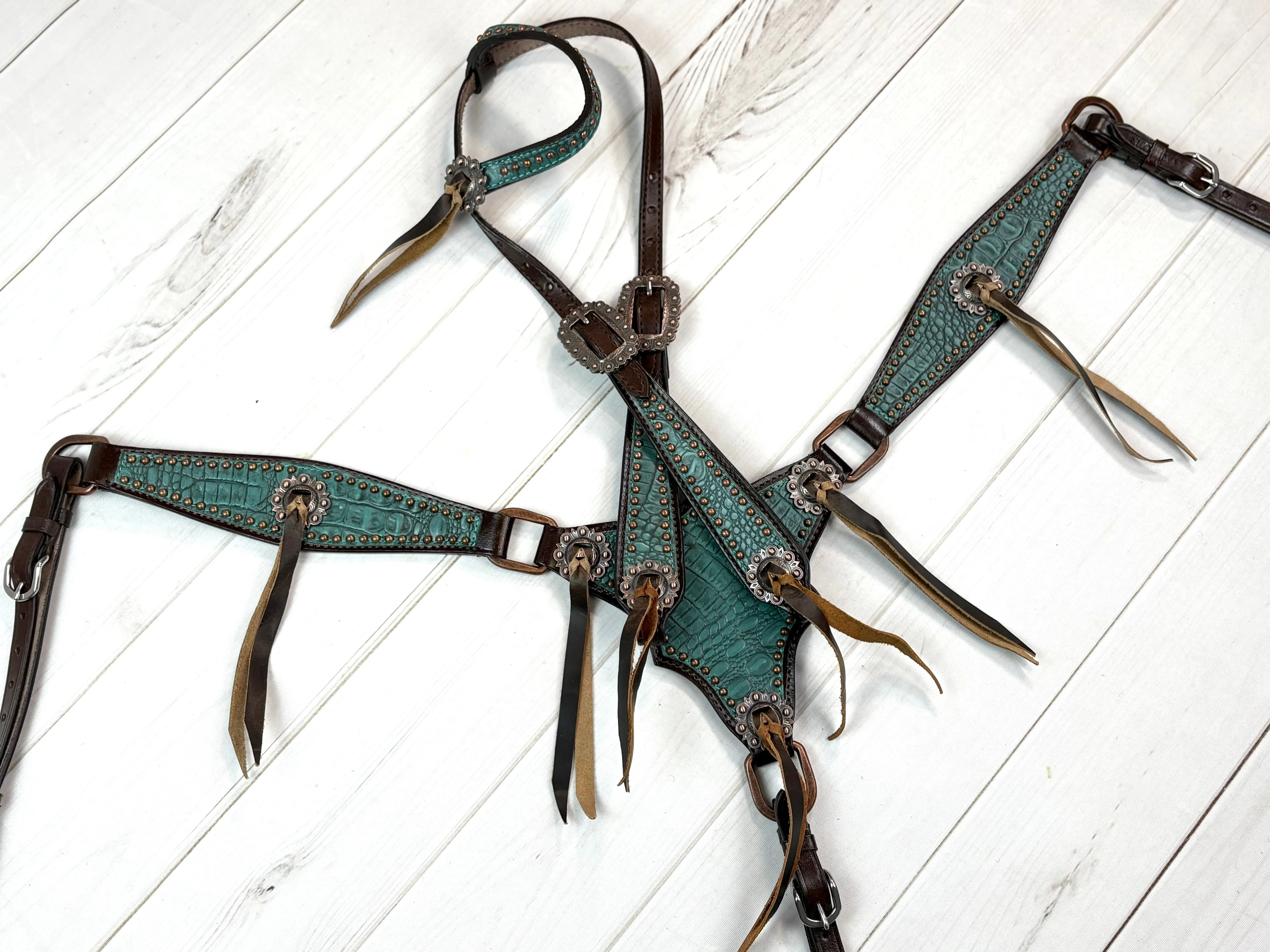 Dark Teal Gator Gladiator Style Leather Tack Set