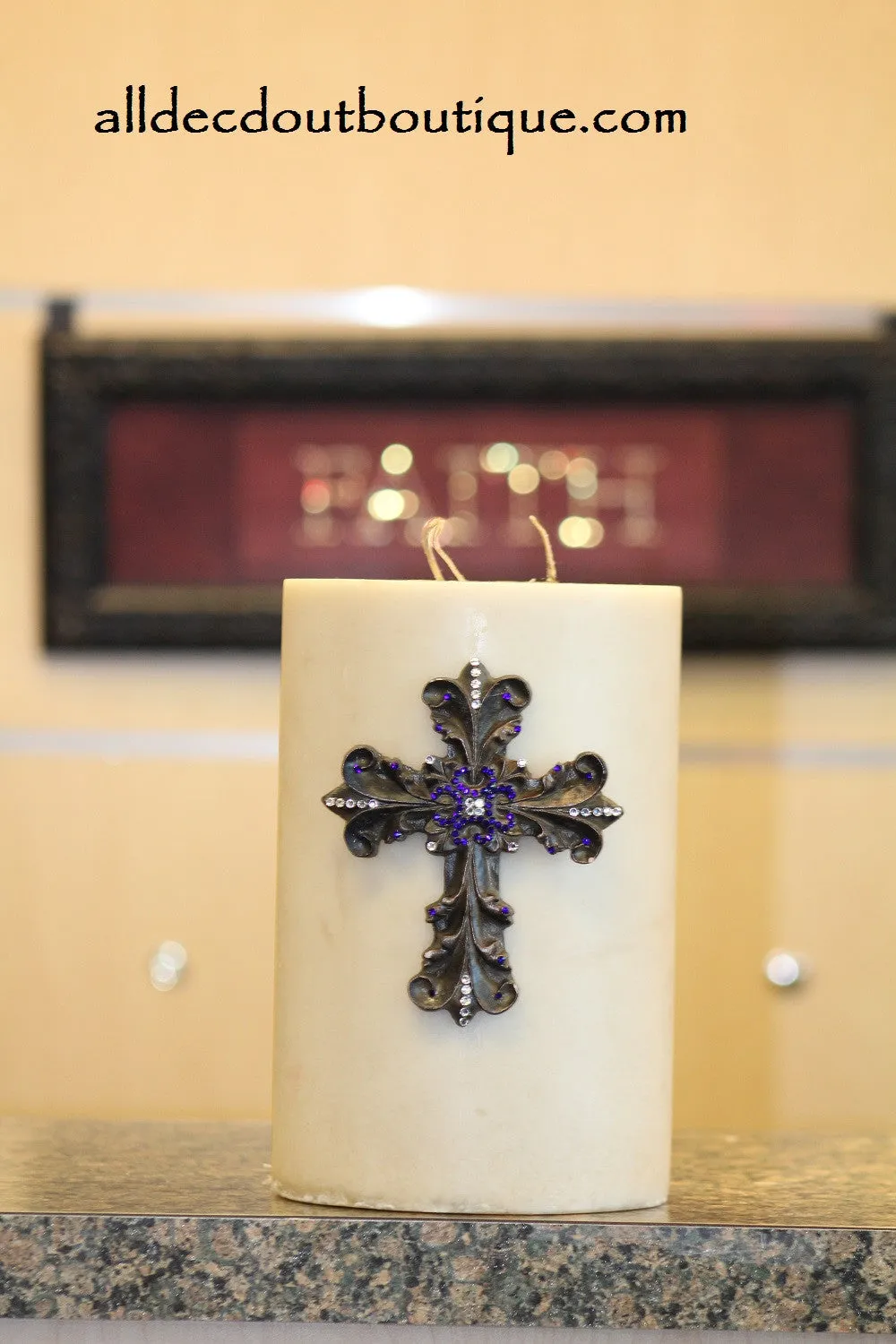 Decorative Candle Pin | Embellished Royal Purple/White Crystals Large Cross