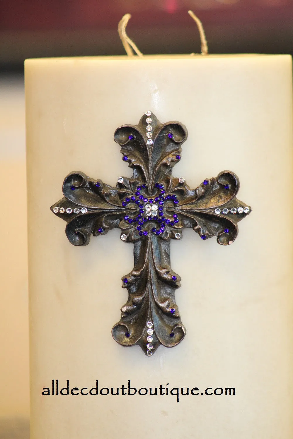 Decorative Candle Pin | Embellished Royal Purple/White Crystals Large Cross