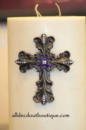 Decorative Candle Pin | Embellished Royal Purple/White Crystals Large Cross