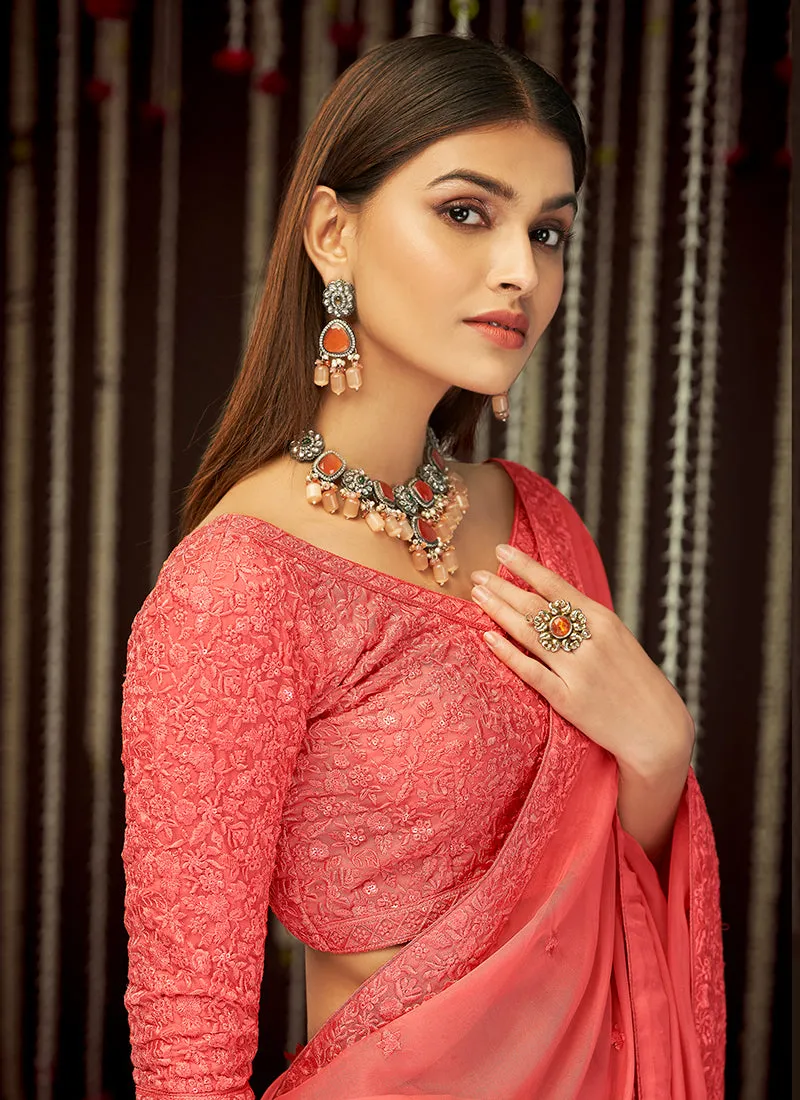 Deep Peach Embroidered Organza Silk Saree