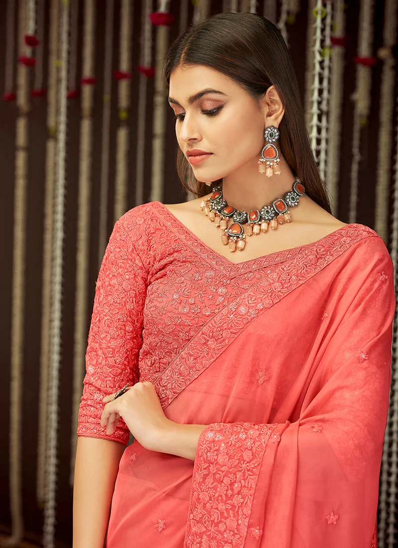 Deep Peach Embroidered Organza Silk Saree