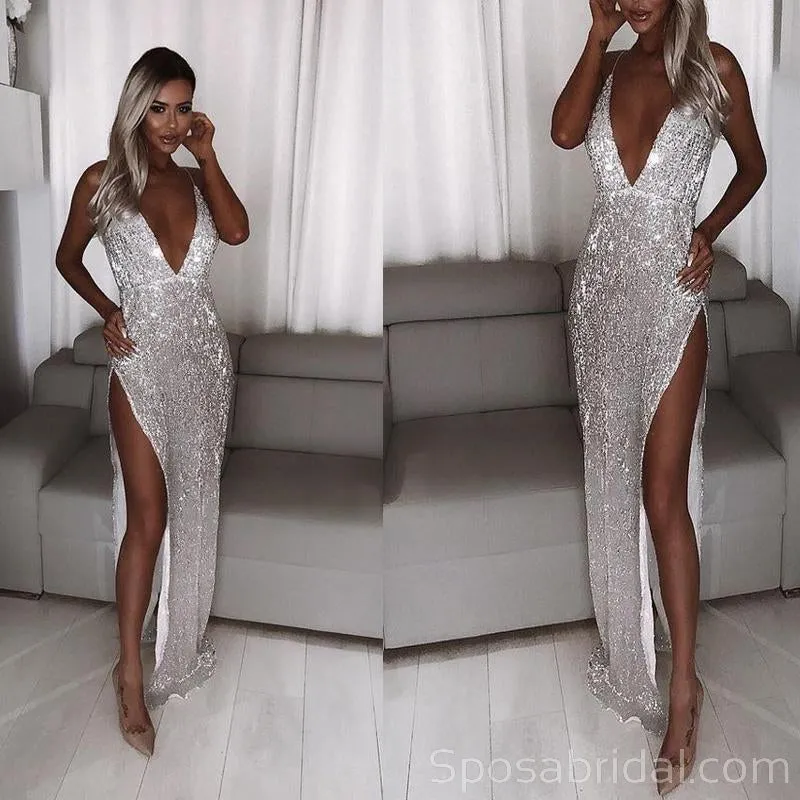 Deep V-neck Side-slit Sequin Mermaid Sparkly Silver Long Prom Dresses, PD1369