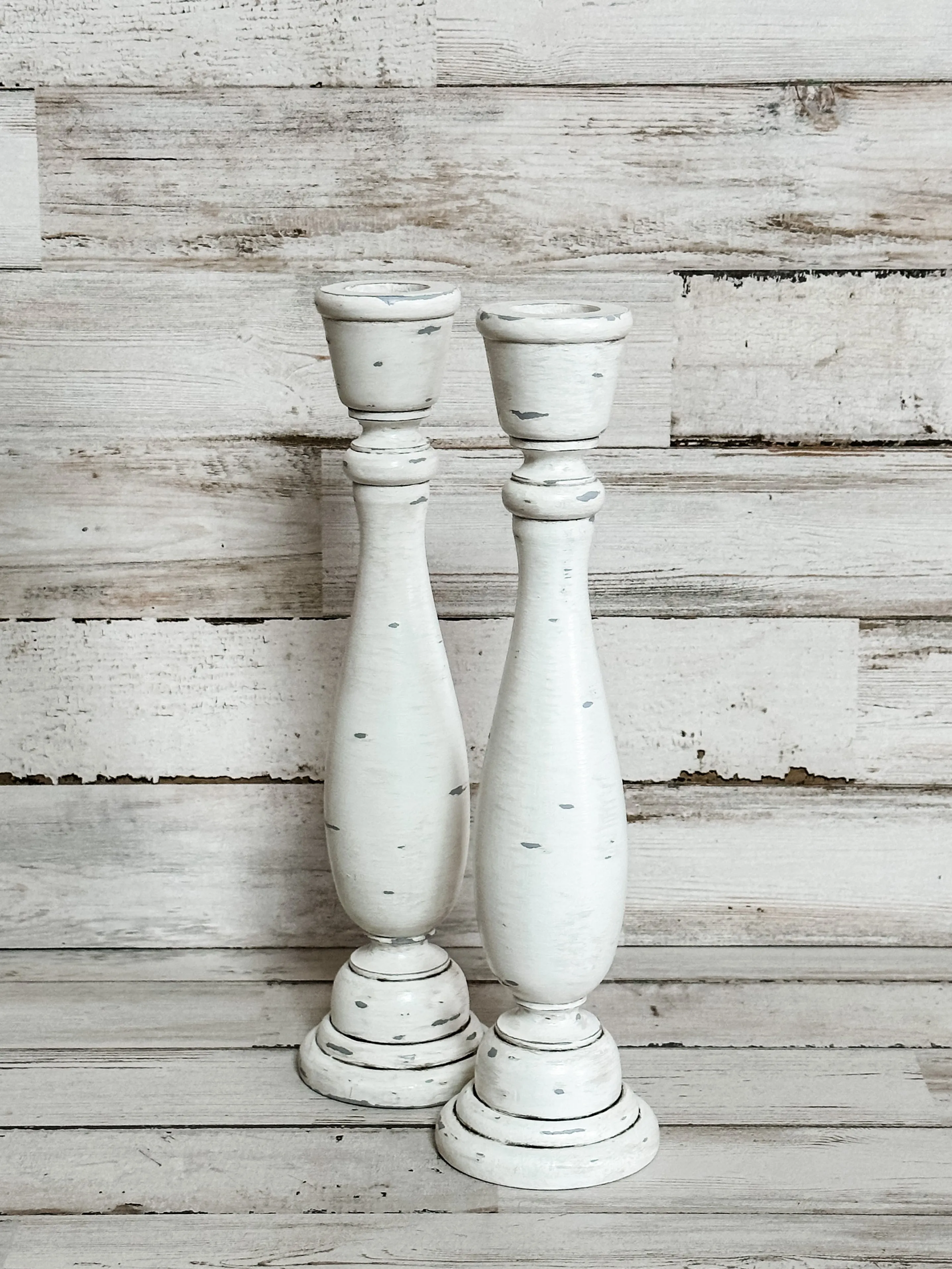 Distressed hand-painted wooden candlesticks