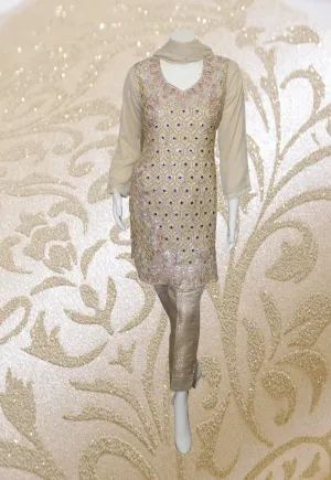 E32 Pakistani Indian Heavy Party Wear Luxury  Chiffon Dress In Mud 3 PC
