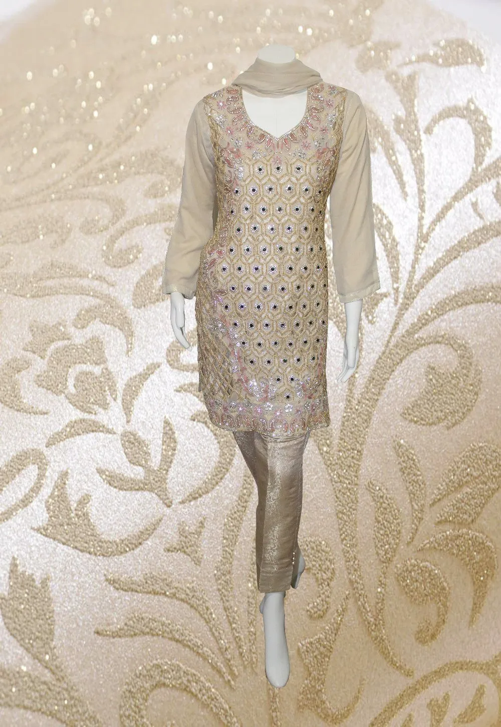 E32 Pakistani Indian Heavy Party Wear Luxury  Chiffon Dress In Mud 3 PC