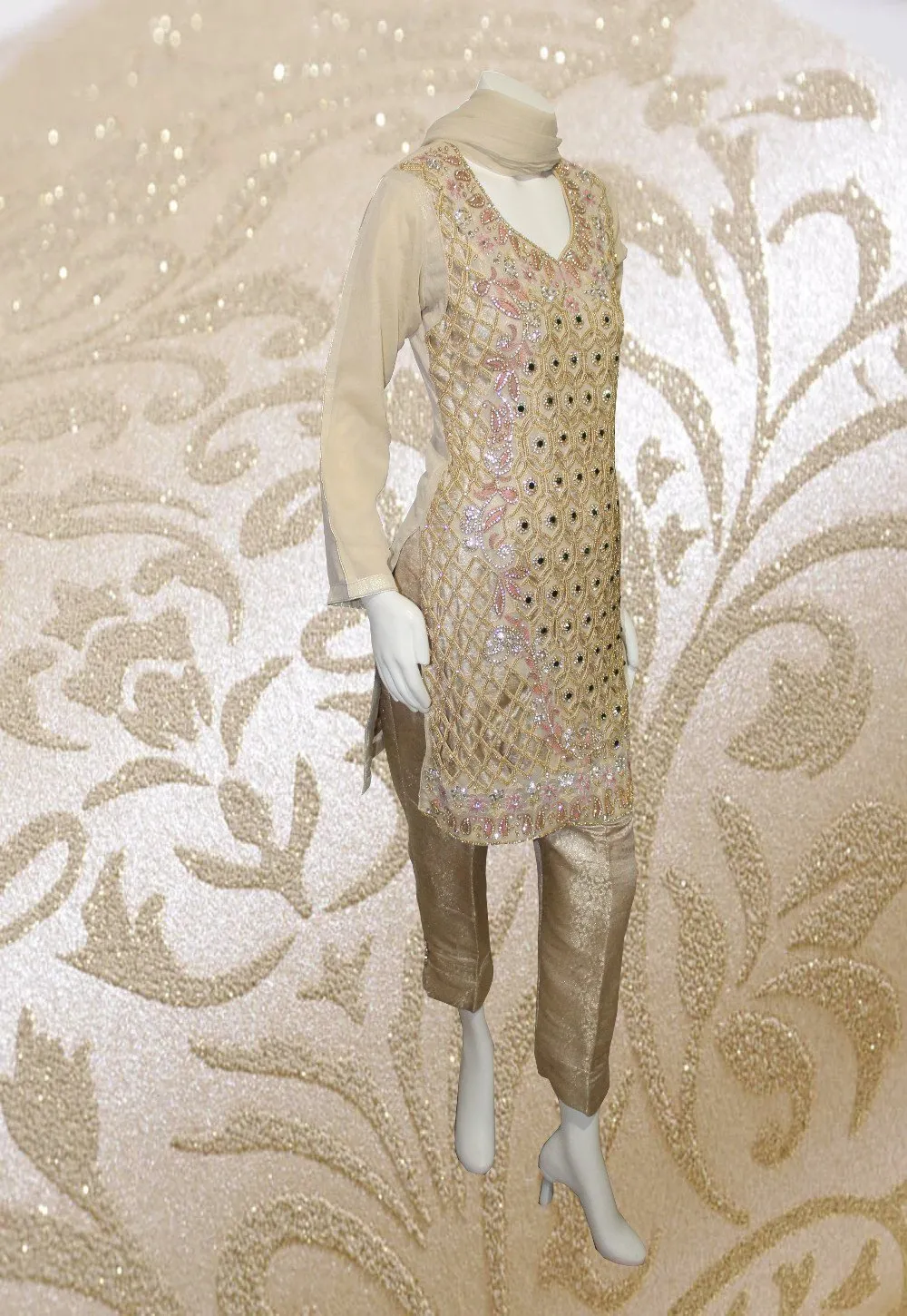 E32 Pakistani Indian Heavy Party Wear Luxury  Chiffon Dress In Mud 3 PC