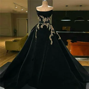 Elegant Black Strapless Gold Lace A-line Modest Long Prom Dresses, PD1962