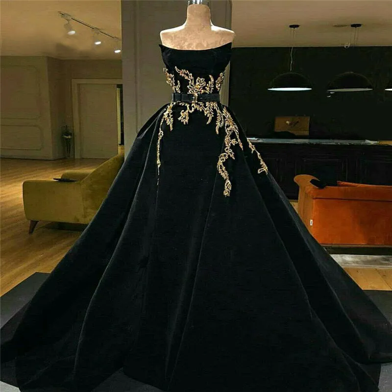 Elegant Black Strapless Gold Lace A-line Modest Long Prom Dresses, PD1962