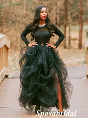 Elegant Black Tulle Long Sleeves Side Slit A-Line Floor Length Long Prom Dresses, PD3977