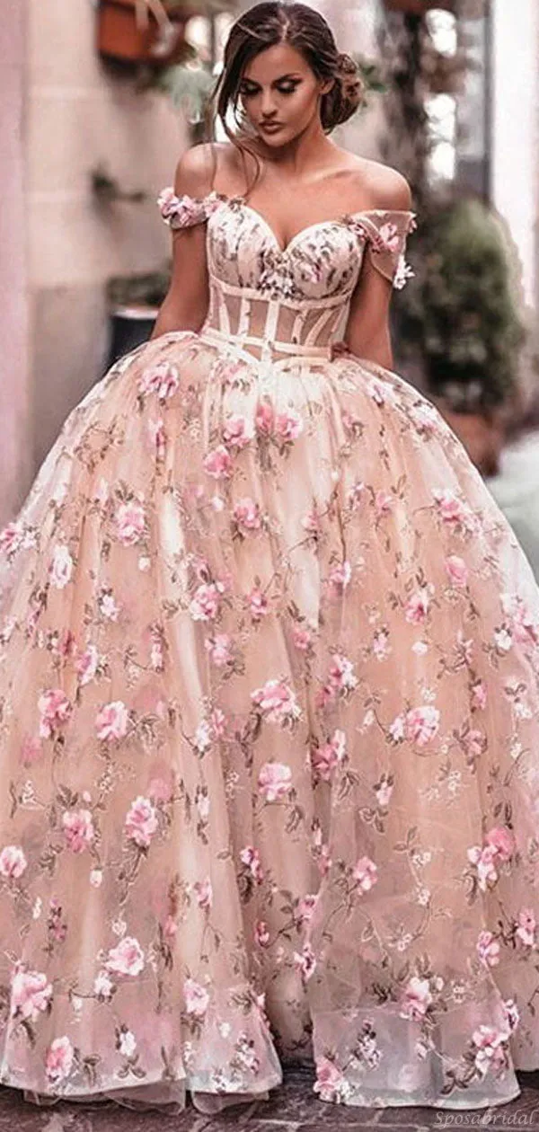Elegant Floral Blush Pink Off-shoulder Sweetheart A-line Long Prom Dress, Ball Gown, PD3186