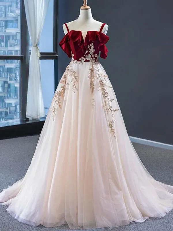 Elegant Spaghetti Strap Burgundy Velvet Top Pink A-line Long Prom Dress, PD3173