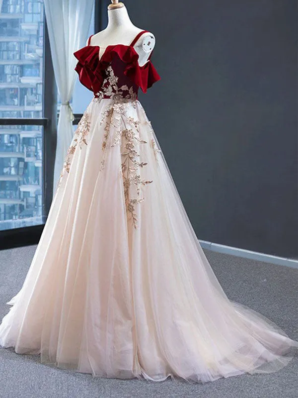 Elegant Spaghetti Strap Burgundy Velvet Top Pink A-line Long Prom Dress, PD3173
