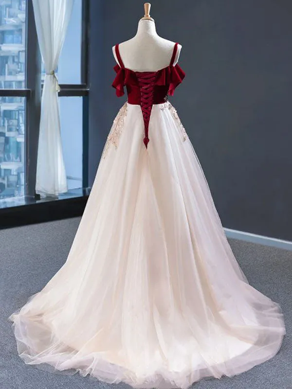 Elegant Spaghetti Strap Burgundy Velvet Top Pink A-line Long Prom Dress, PD3173