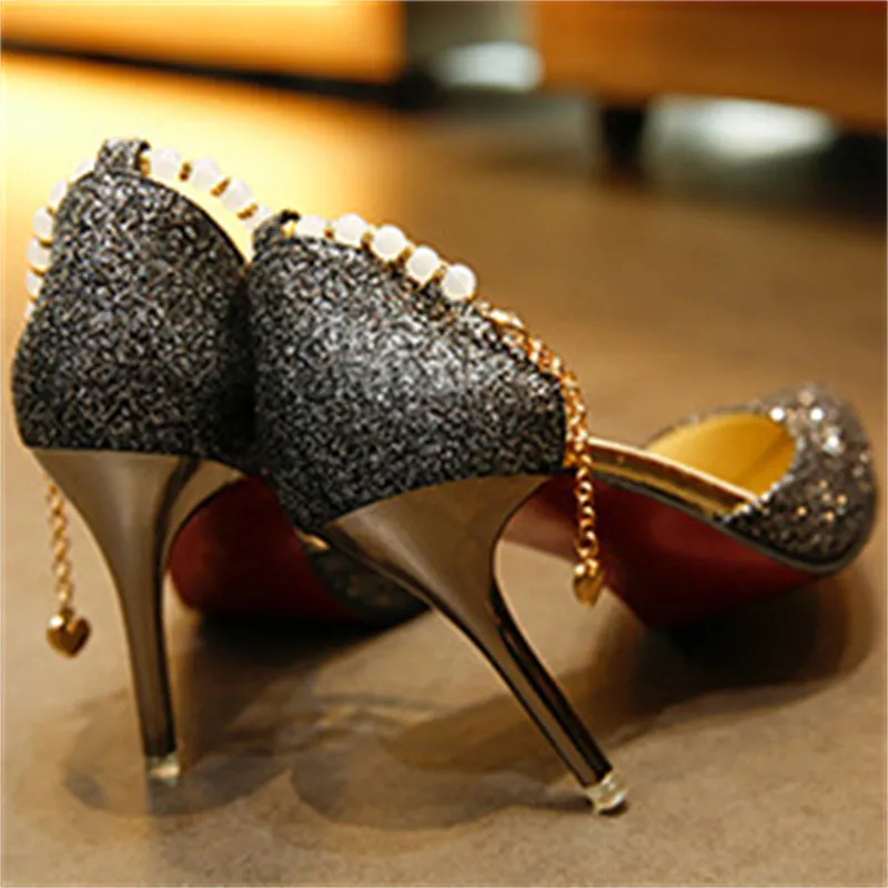 Female Metal White Pearl Chain Pointed Toe Shining Stiletto