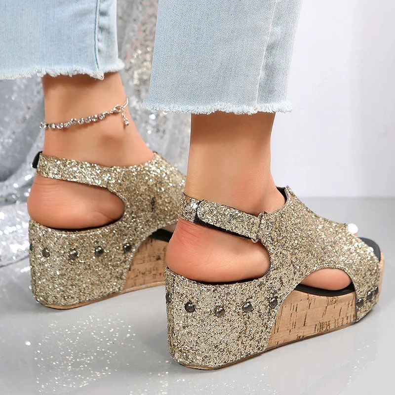 Female Modern Sequin Open Toe Wedge Heel Sandals