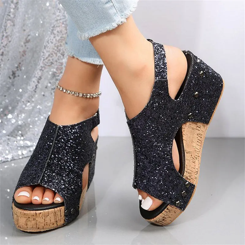 Female Modern Sequin Open Toe Wedge Heel Sandals