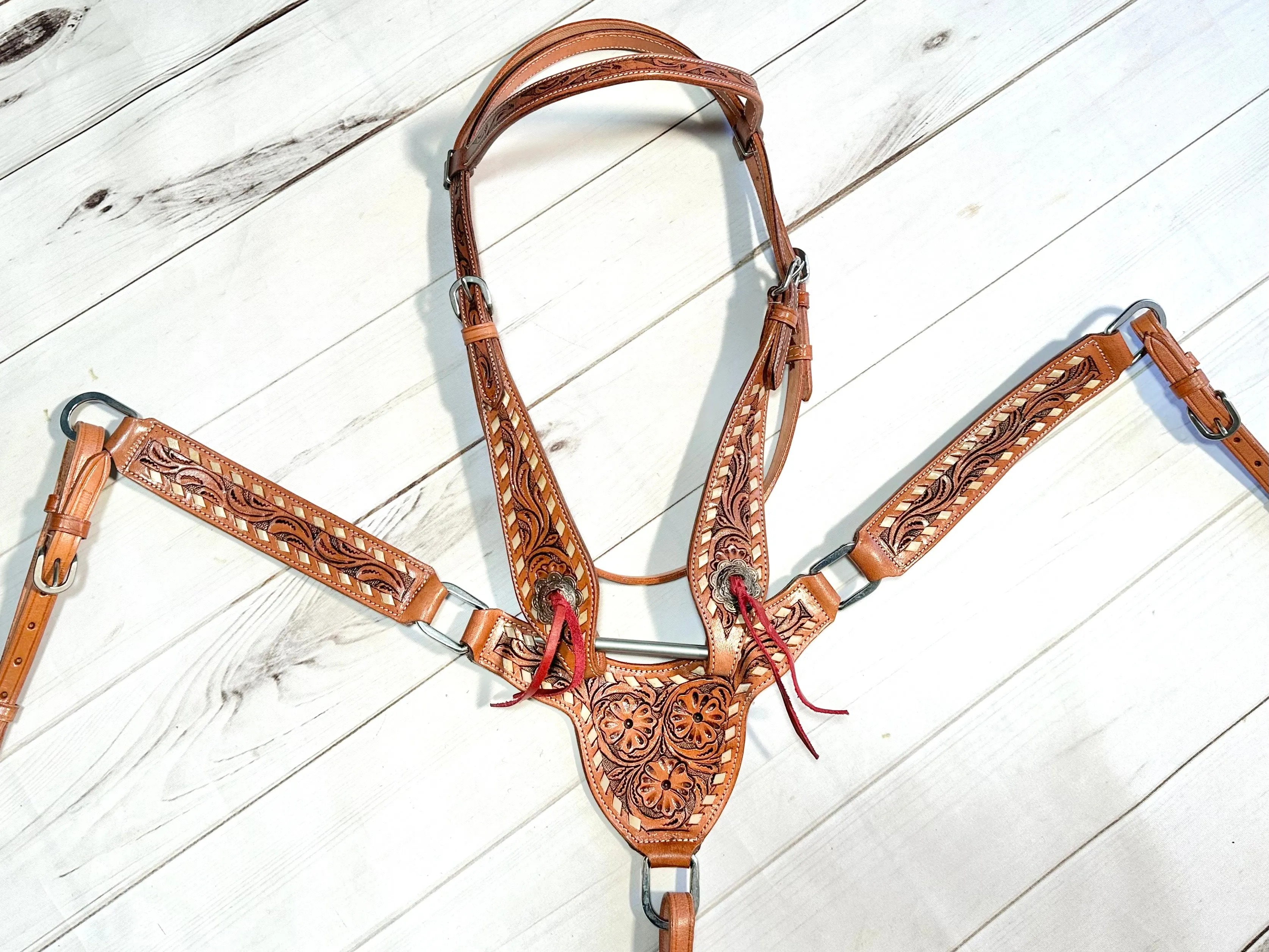 Floral Tooled Gladiator Style Leather Tack Set