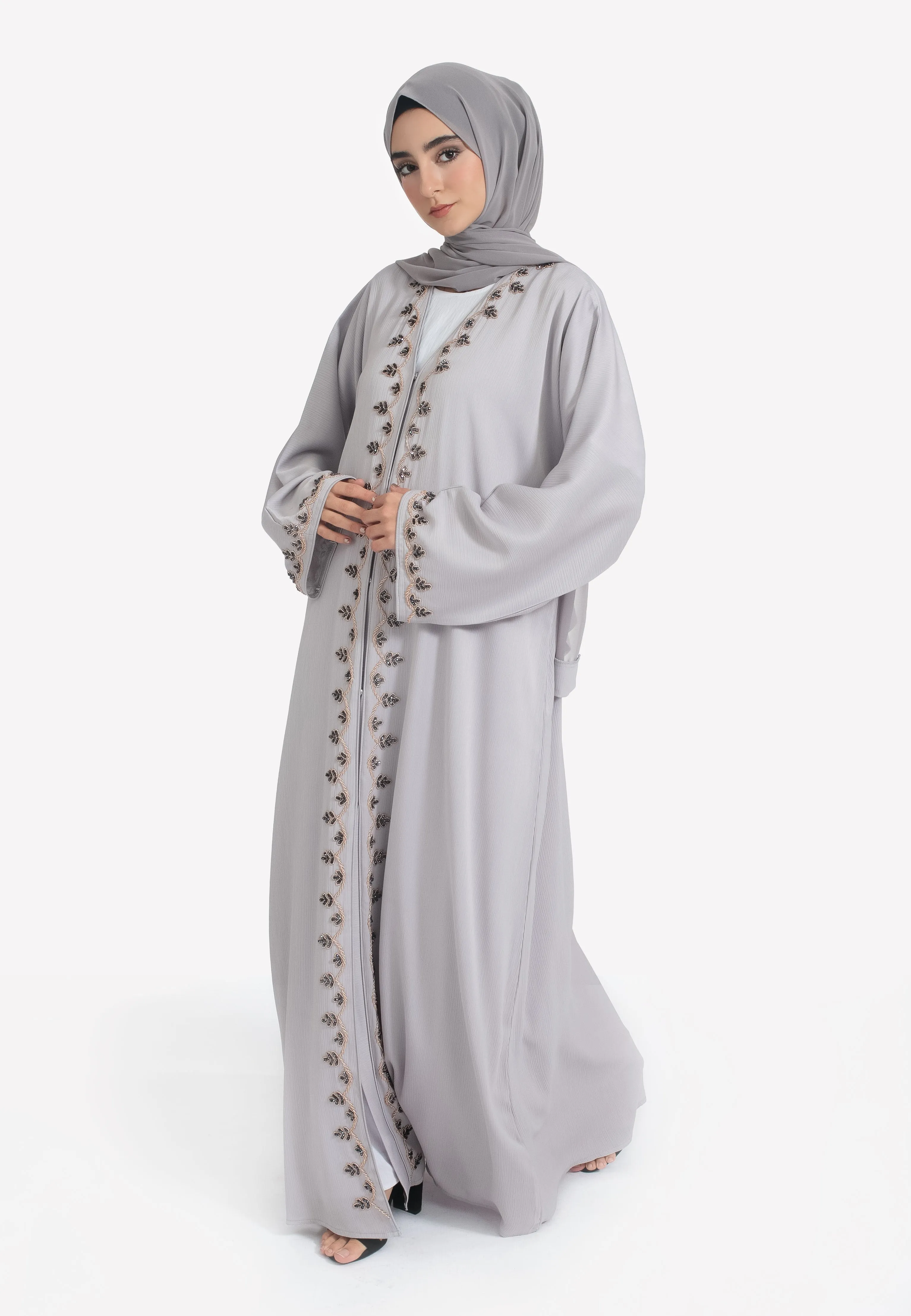 French Grey Embellished Open Abaya