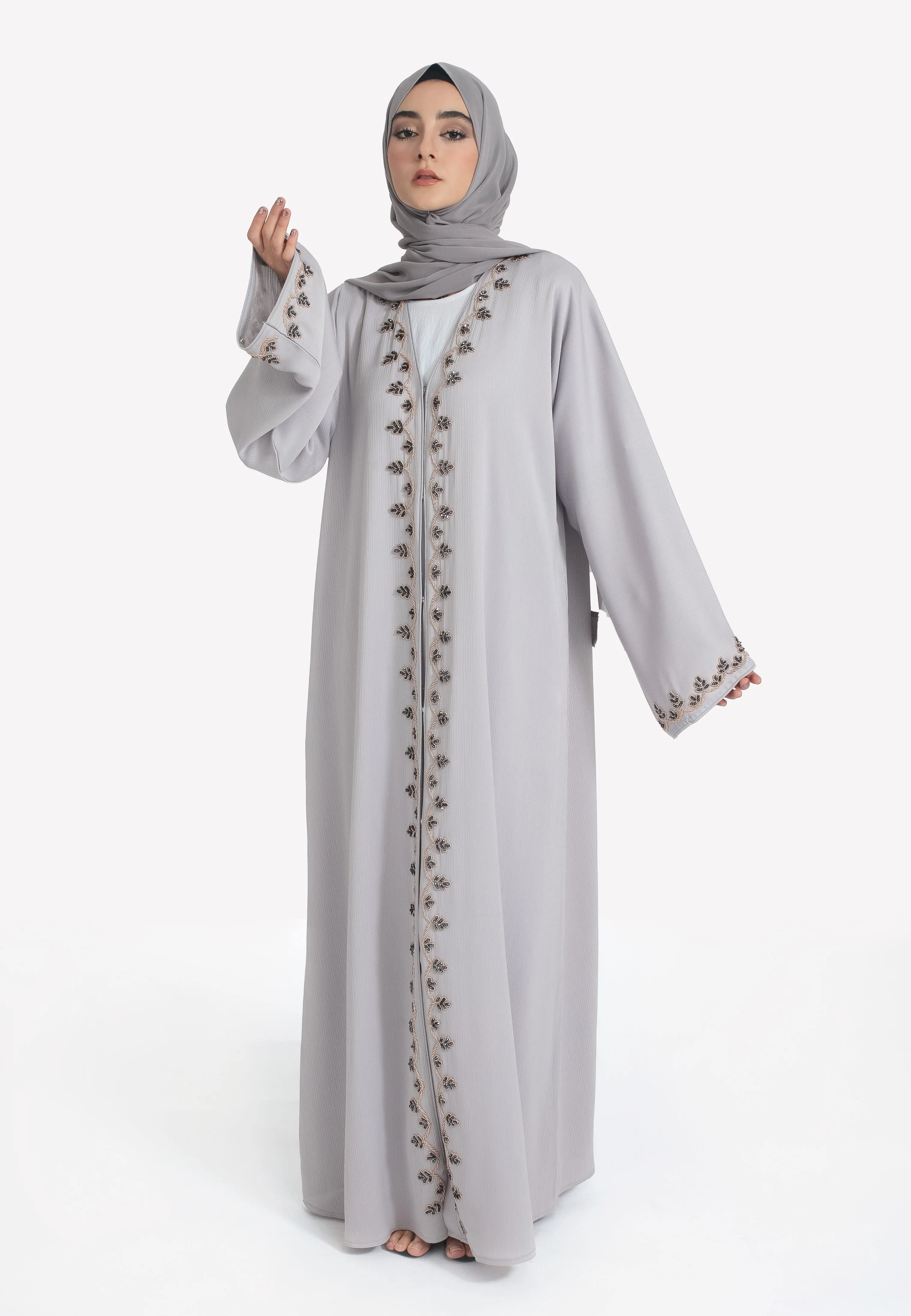 French Grey Embellished Open Abaya