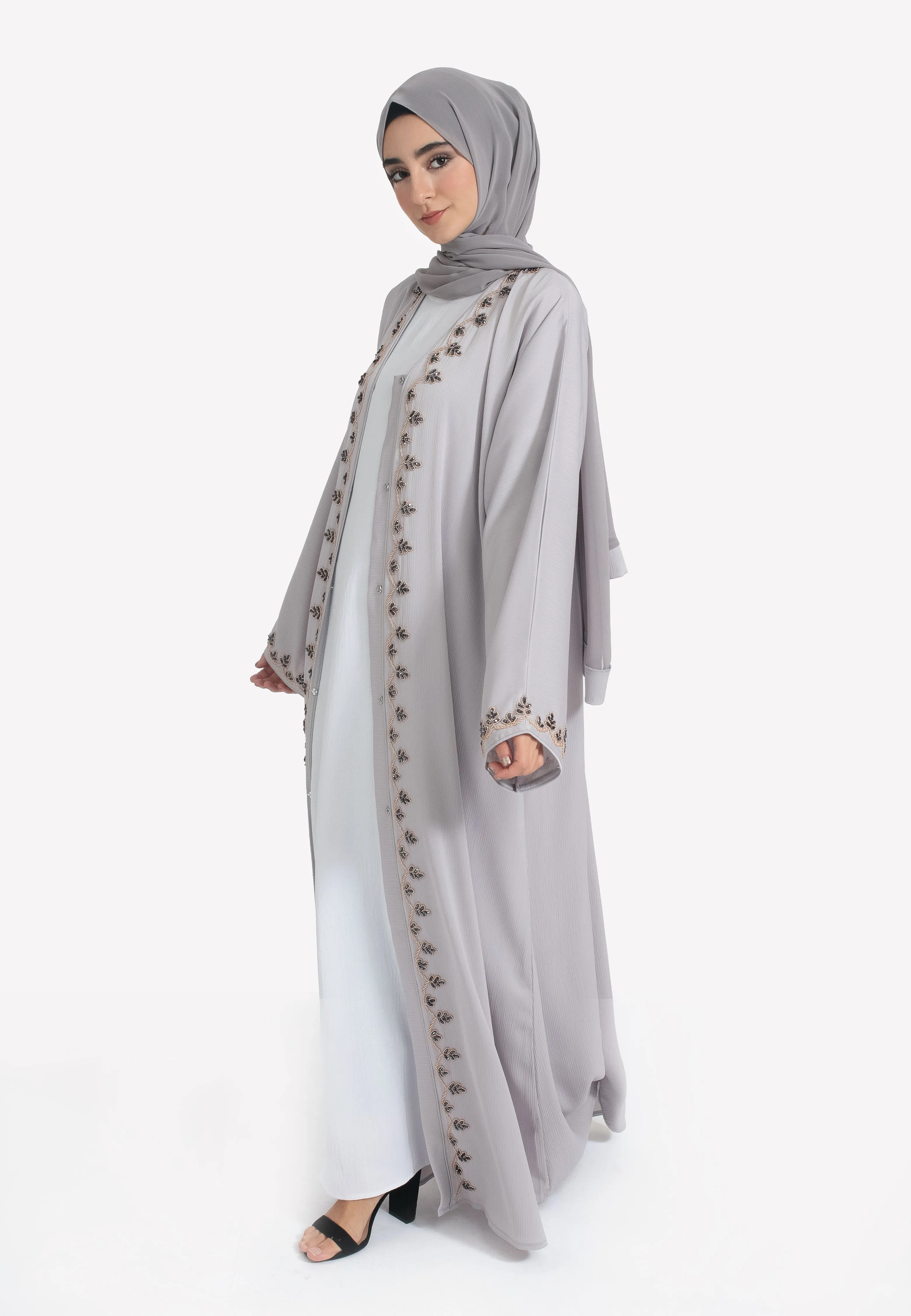 French Grey Embellished Open Abaya