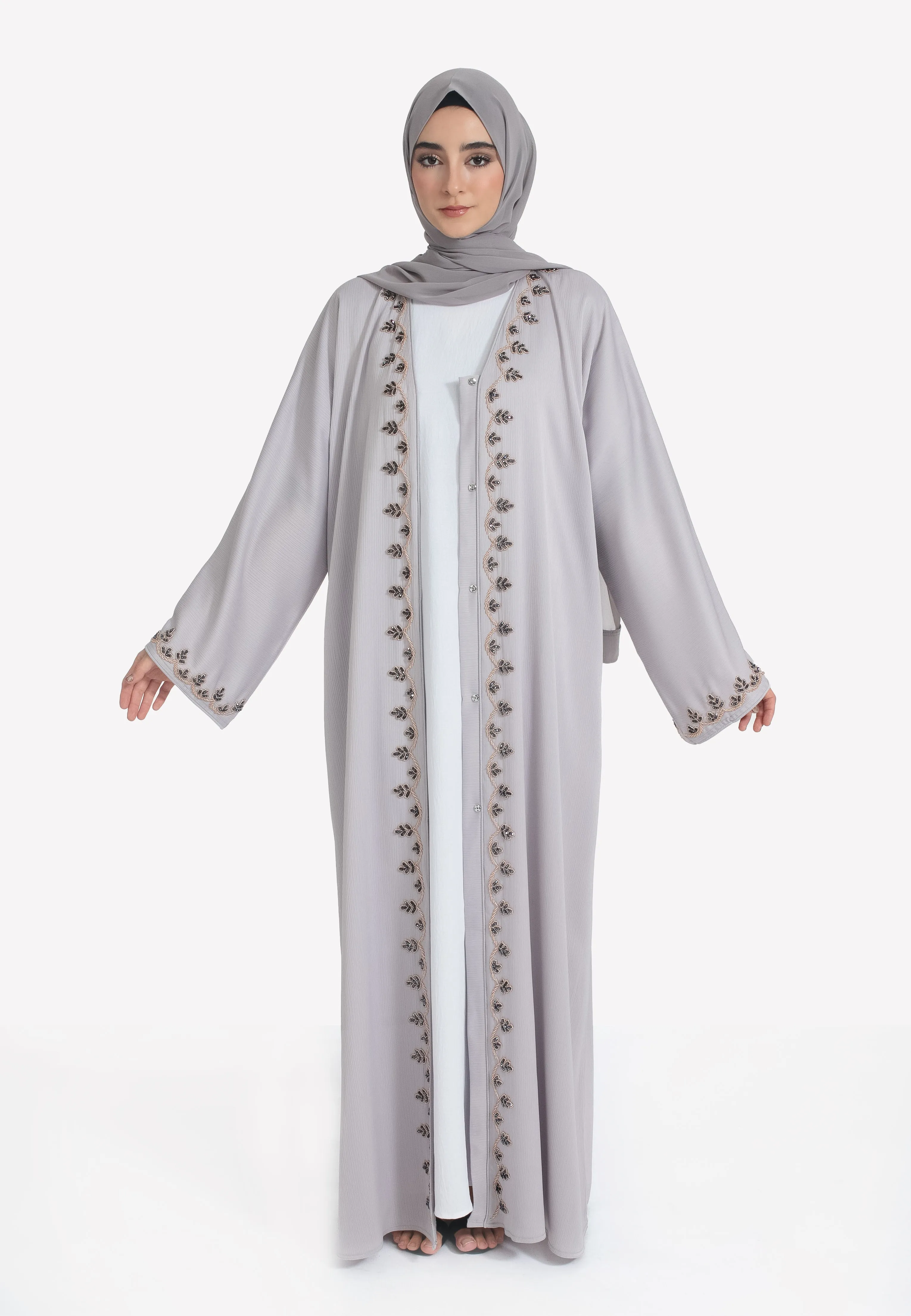 French Grey Embellished Open Abaya