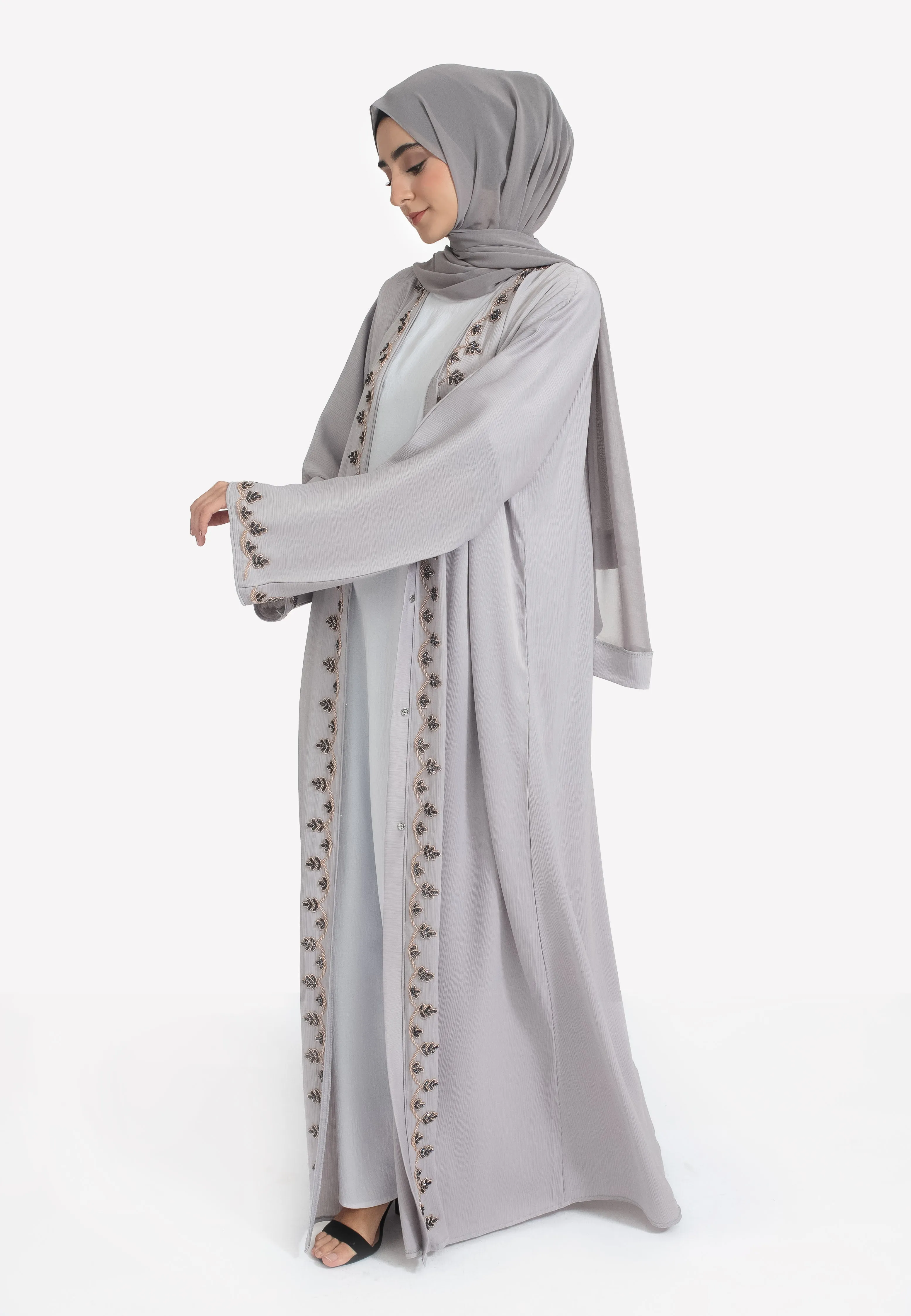 French Grey Embellished Open Abaya
