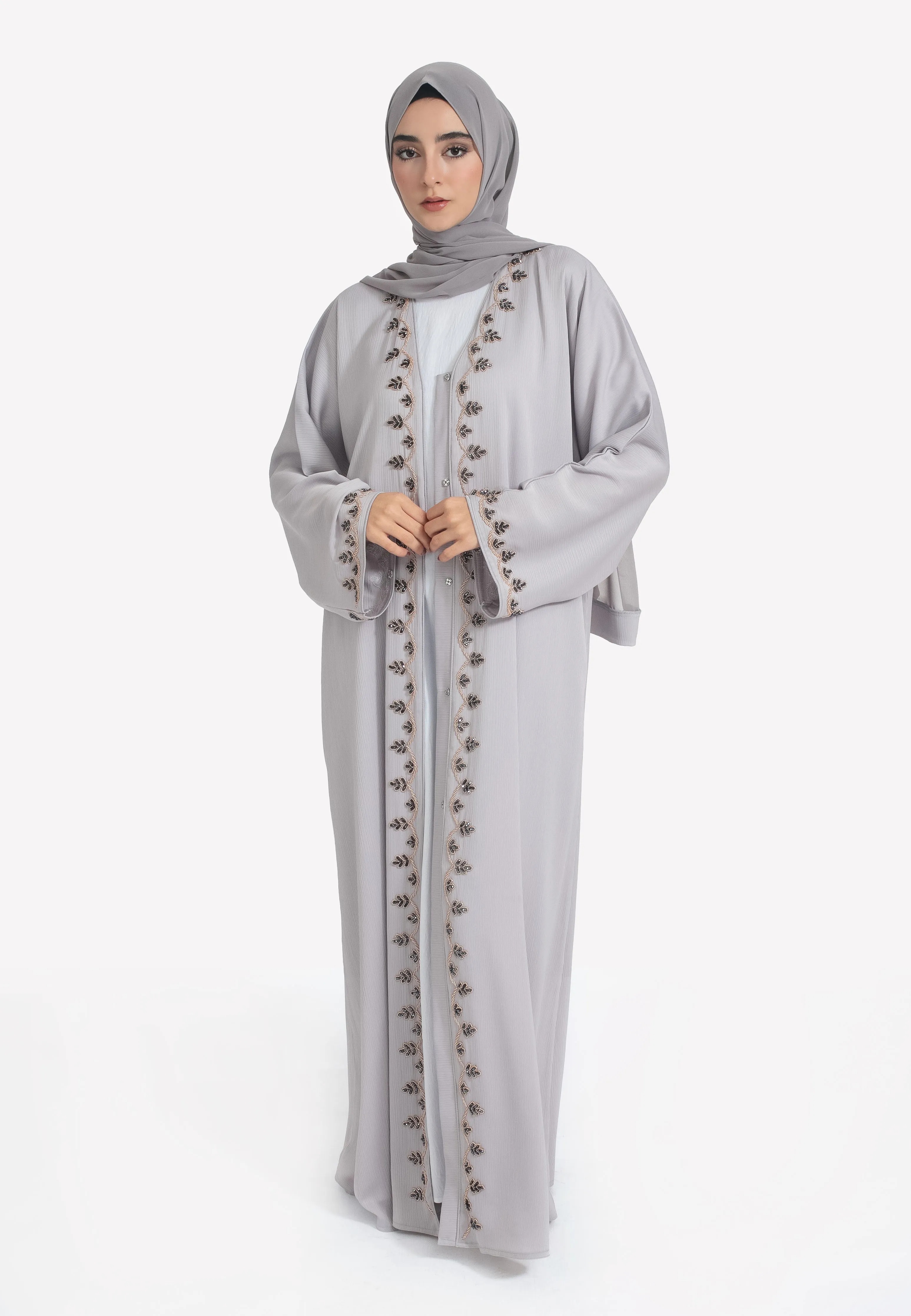 French Grey Embellished Open Abaya