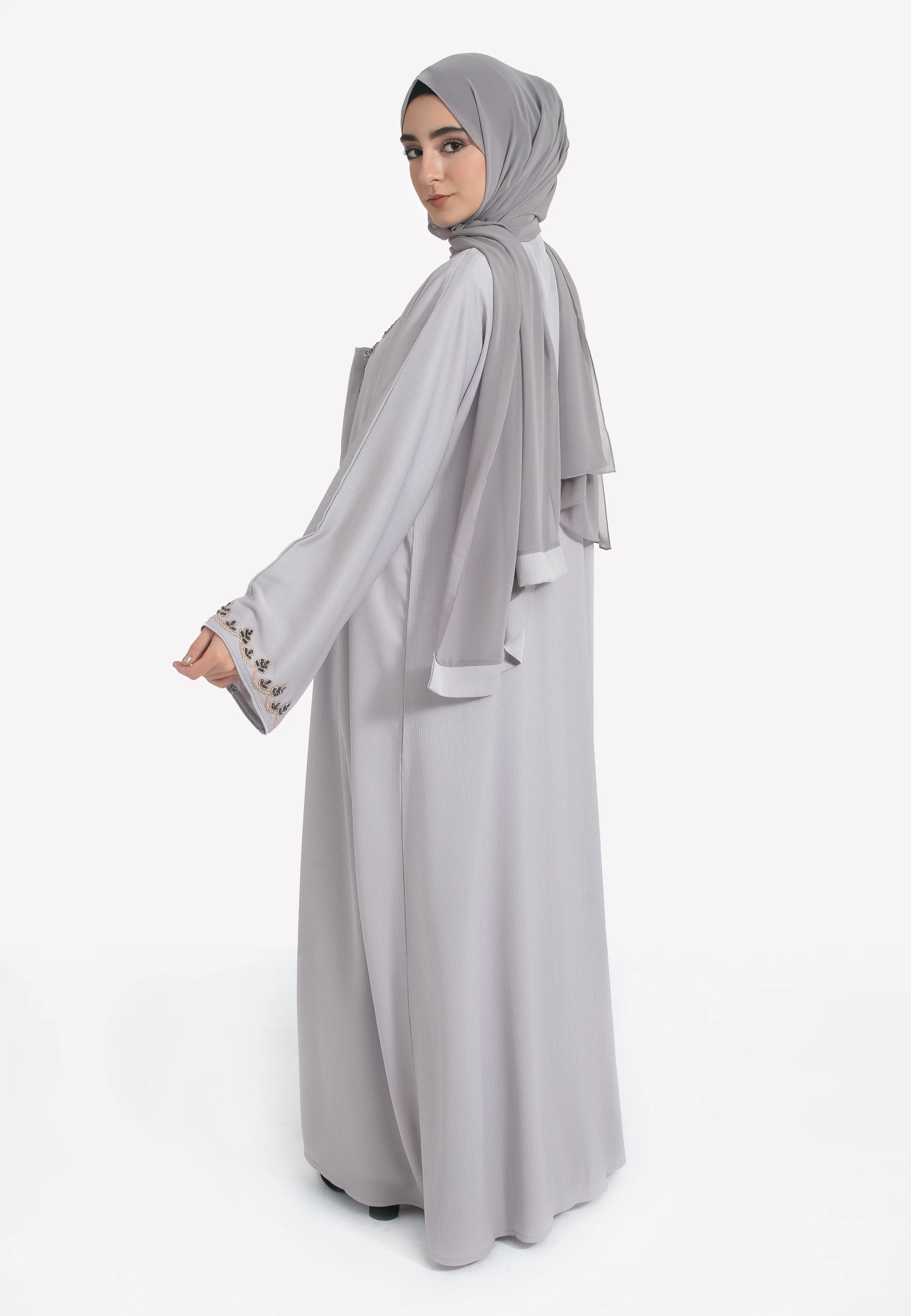 French Grey Embellished Open Abaya