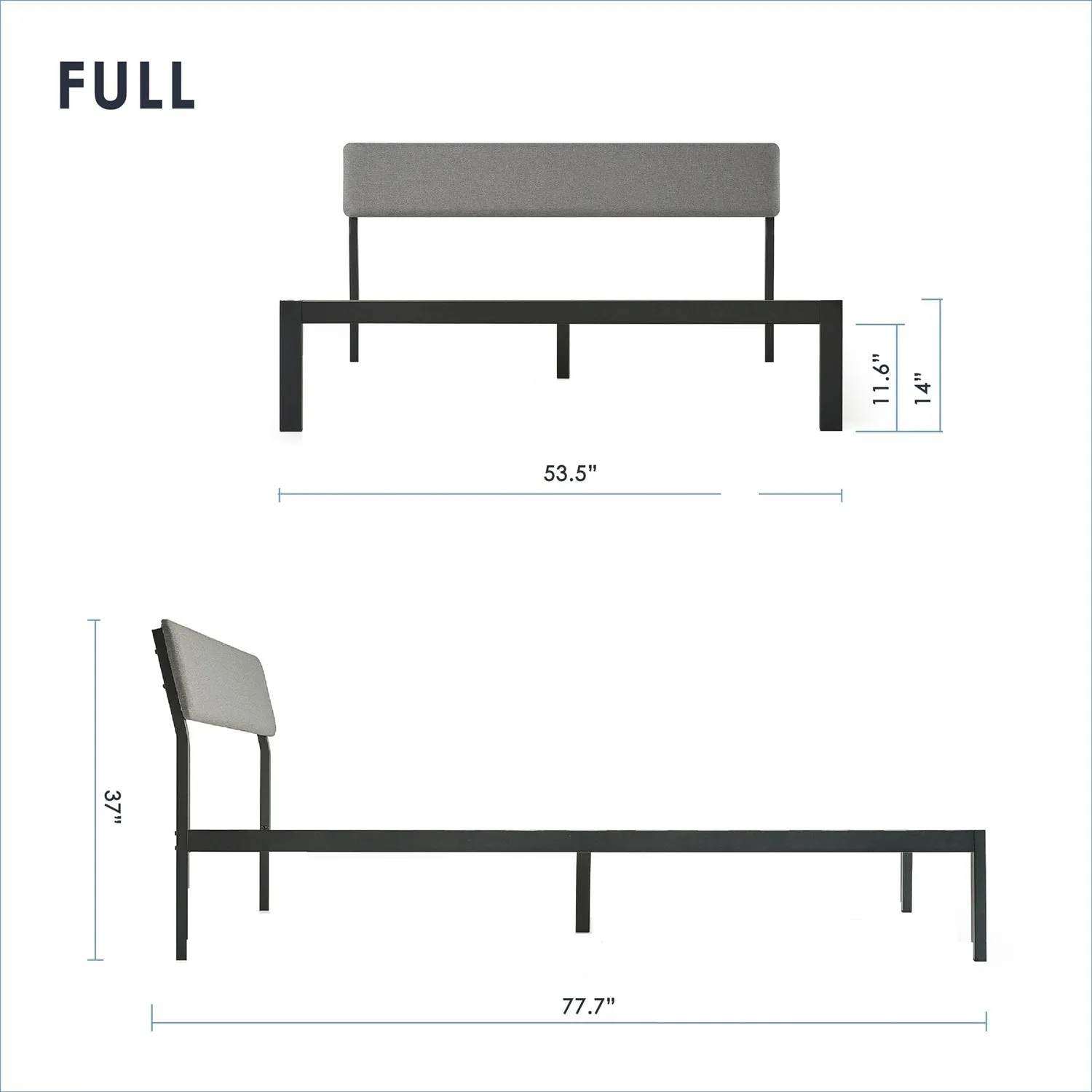 Full Size Grey Soft Fabric Metal Headboard Platform Bed Wooden Slats