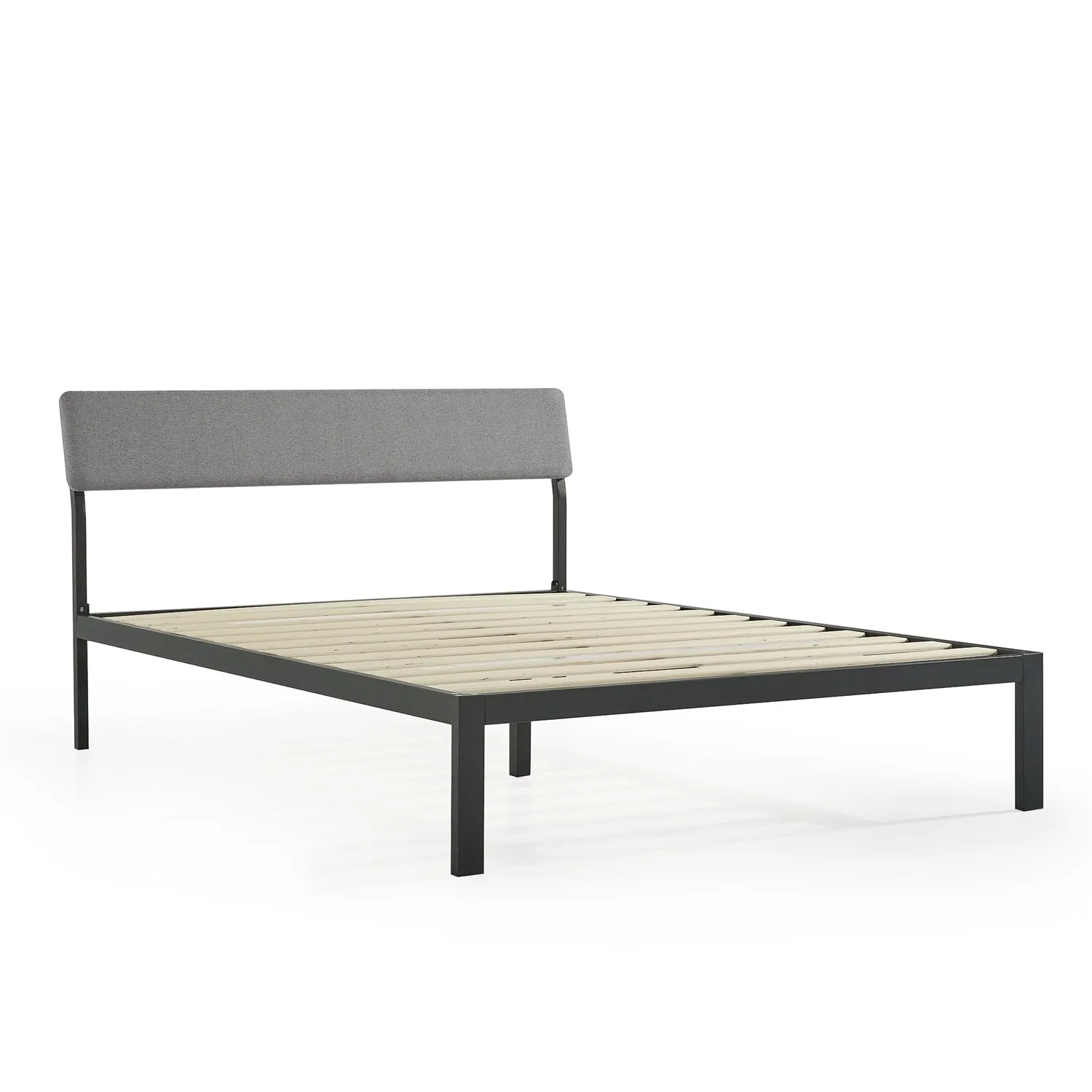 Full Size Grey Soft Fabric Metal Headboard Platform Bed Wooden Slats