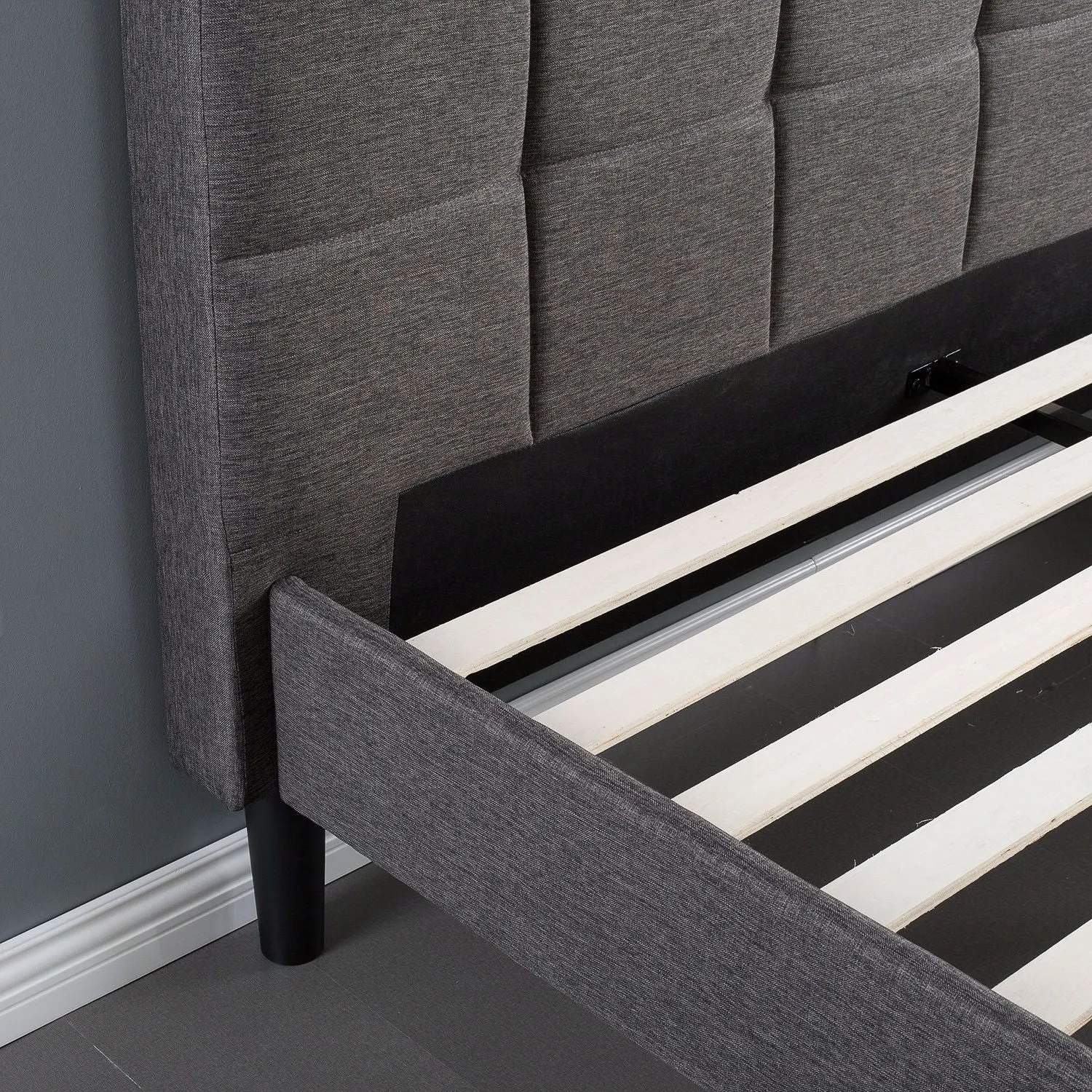 Full size Modern Platform Bed with Dark Grey Square Stitched Upholstered Headboard