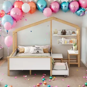 Full Size Wooden House Bed White and Original Wood Colored Frame
