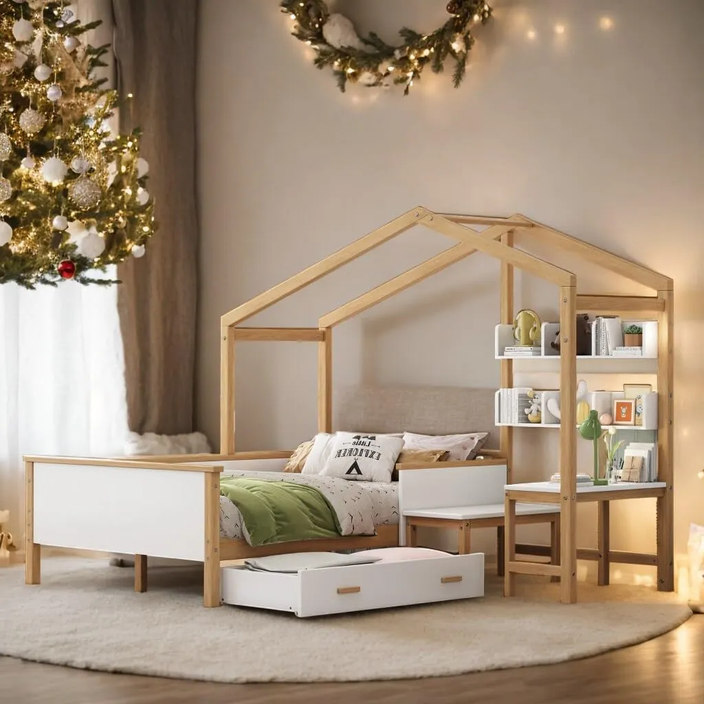 Full Size Wooden House Bed White and Original Wood Colored Frame