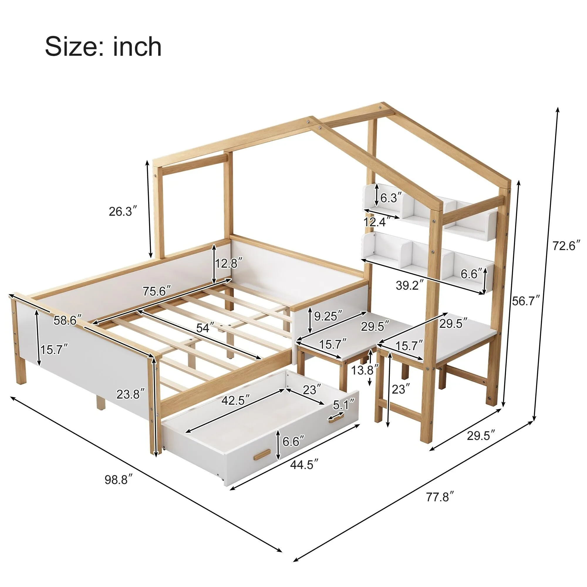 Full Size Wooden House Bed White and Original Wood Colored Frame