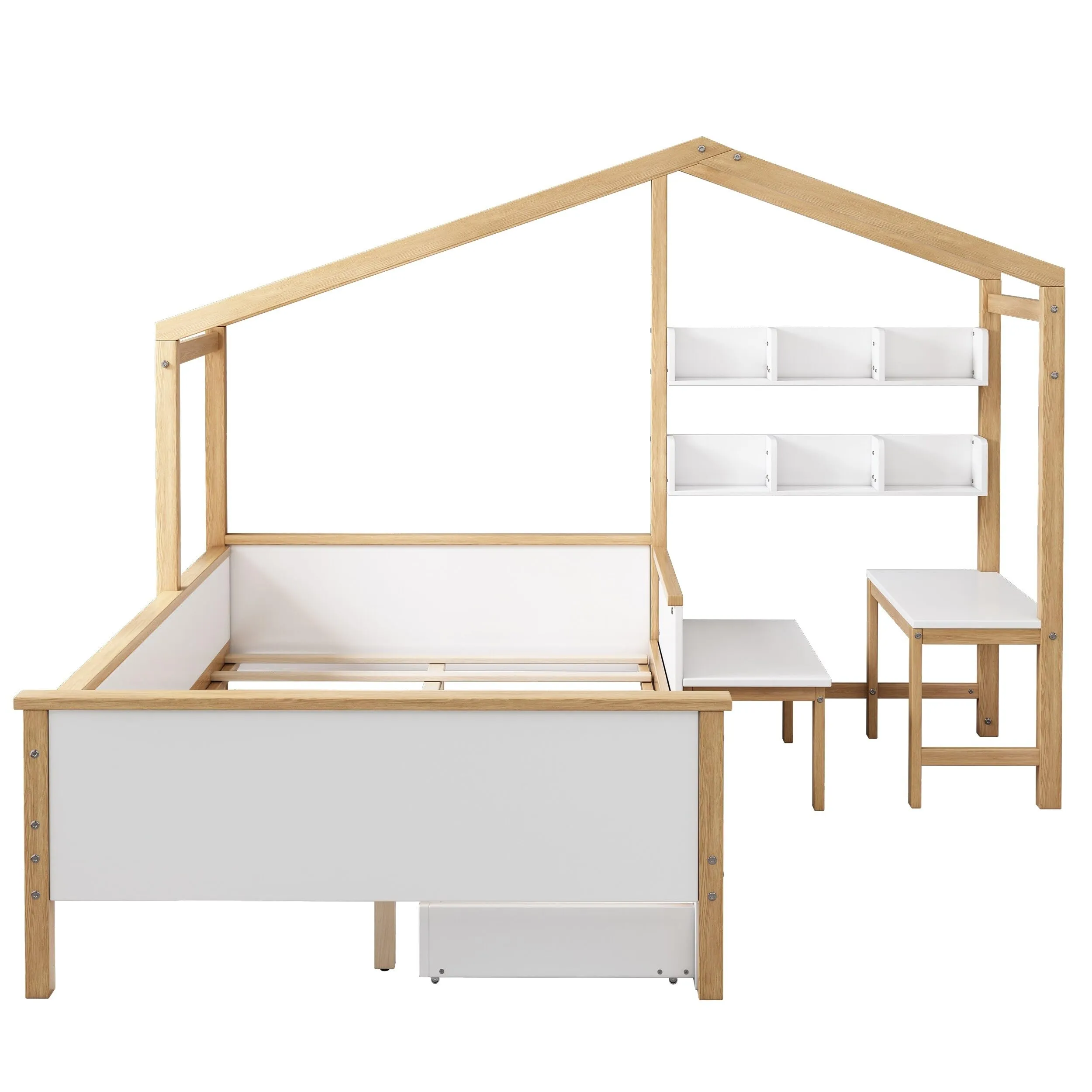 Full Size Wooden House Bed White and Original Wood Colored Frame