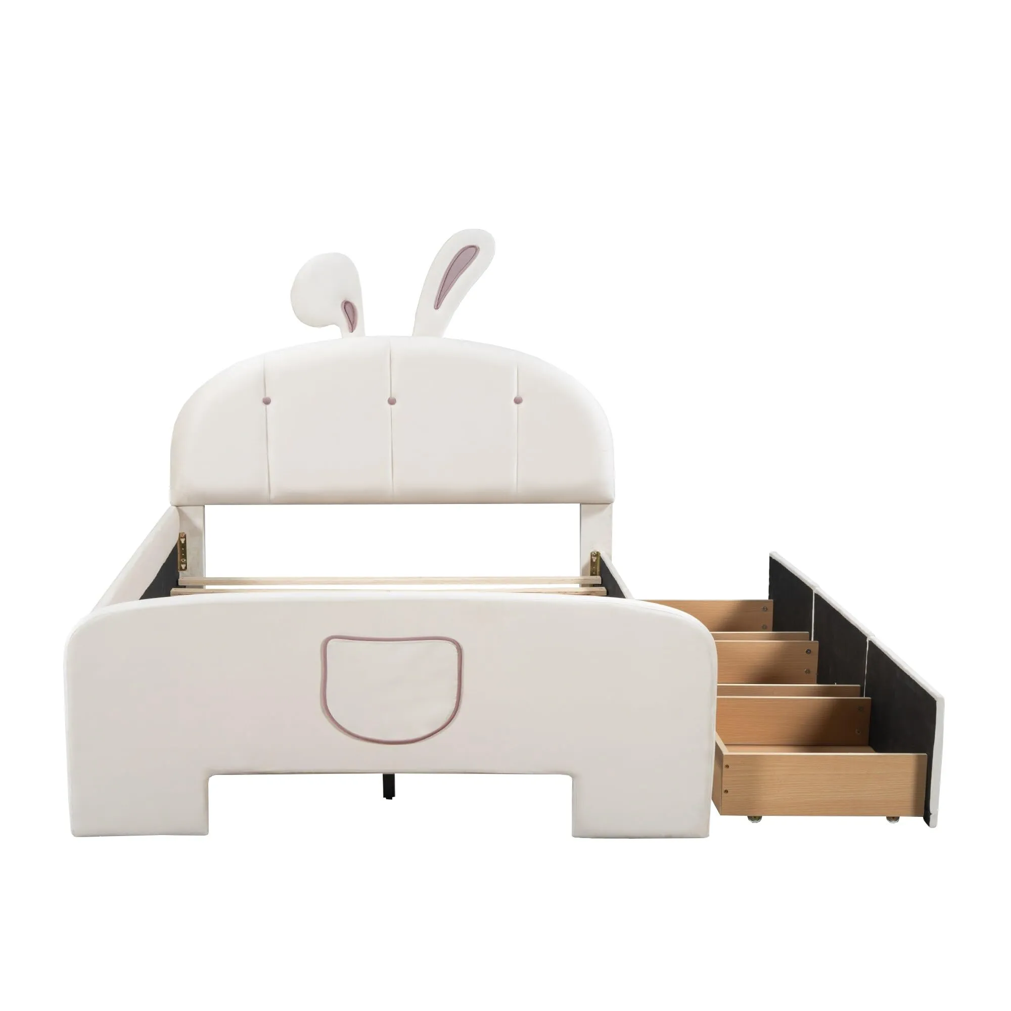 Full Velvet Platform Bed with Bunny Ears Headboard Wooden Frame
