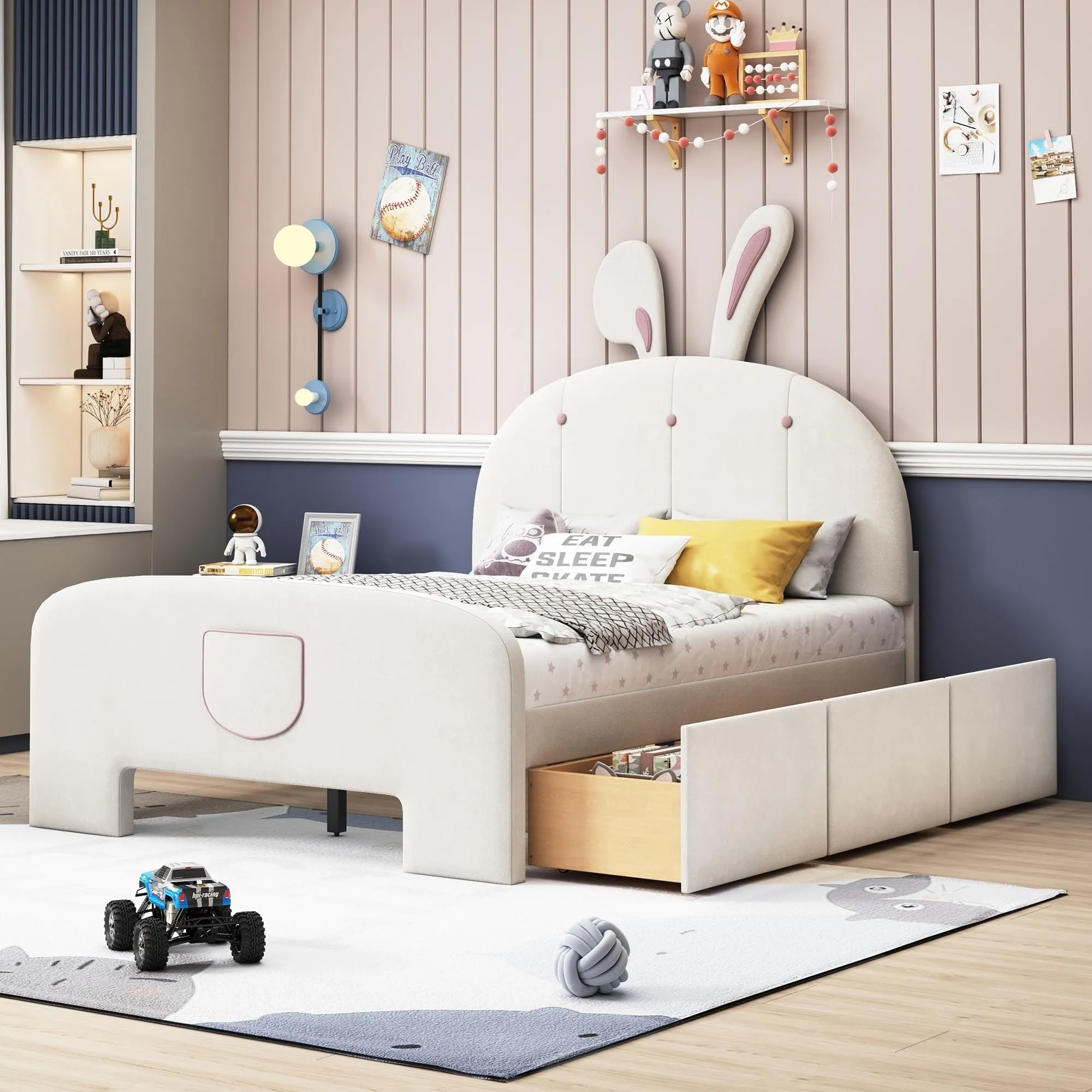 Full Velvet Platform Bed with Bunny Ears Headboard Wooden Frame