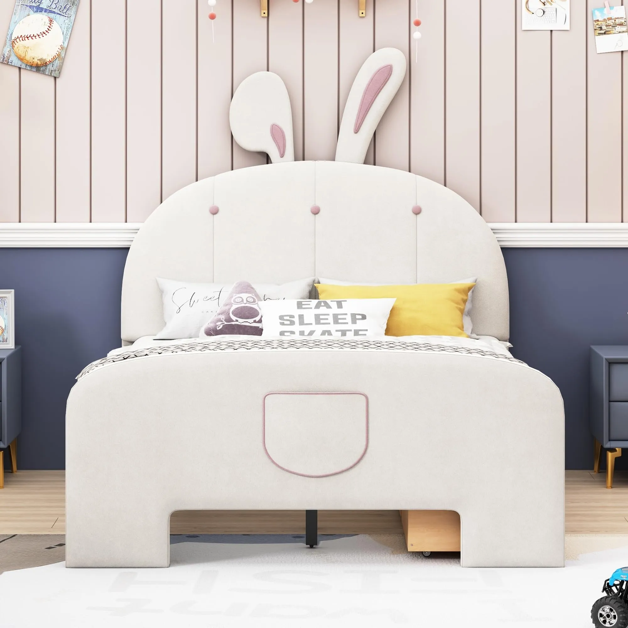 Full Velvet Platform Bed with Bunny Ears Headboard Wooden Frame