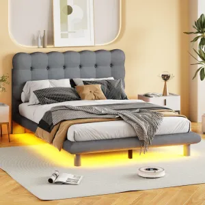 Full Velvet Platform Bed with Led Frame Button-Tufted Design Headboard