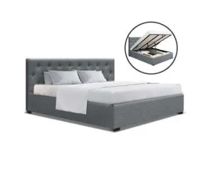 Gas Lift Bed Frame Base Mattress Platform Fabric Wooden Grey WARE