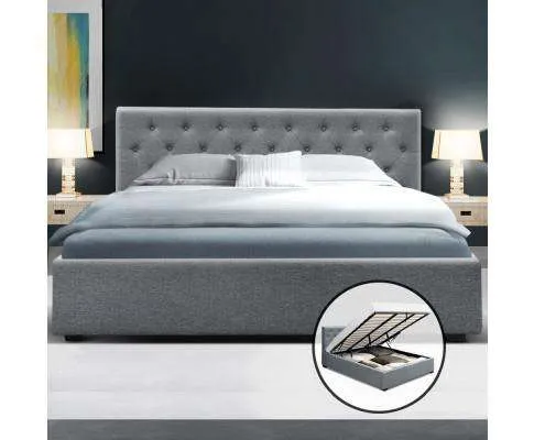 Gas Lift Bed Frame Base Mattress Platform Fabric Wooden Grey WARE