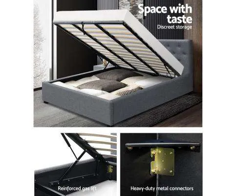 Gas Lift Bed Frame Base Mattress Platform Fabric Wooden Grey WARE