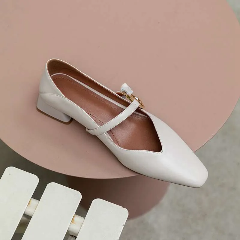 Genuine Leather Square Toe Med Heel Women Pumps