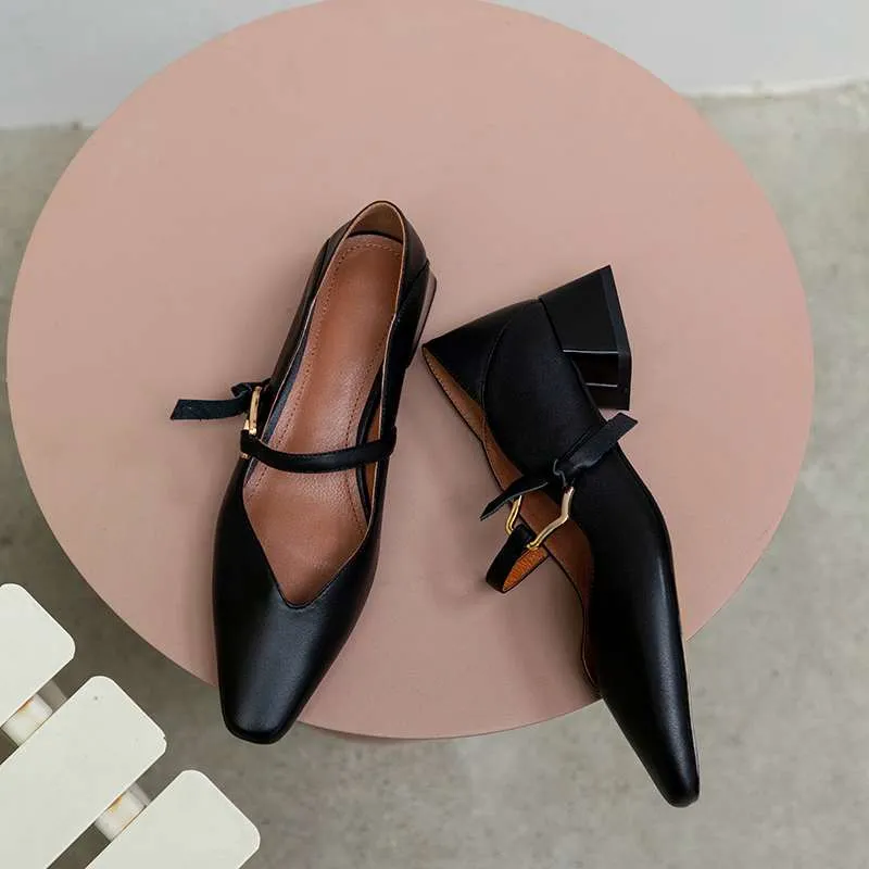 Genuine Leather Square Toe Med Heel Women Pumps