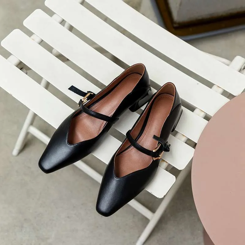 Genuine Leather Square Toe Med Heel Women Pumps